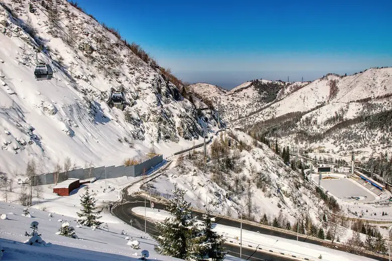 Ski lifts and Medeo outdoor speed skating rink on the south-eastern outskirts of Almaty, Kazakhstan