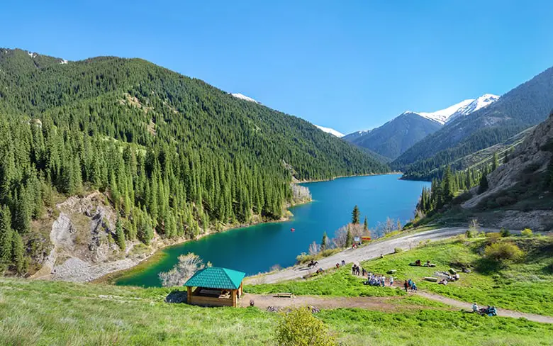 View of Lower Kolsay Lake from observation point, Almaty Region, Kazakhstan