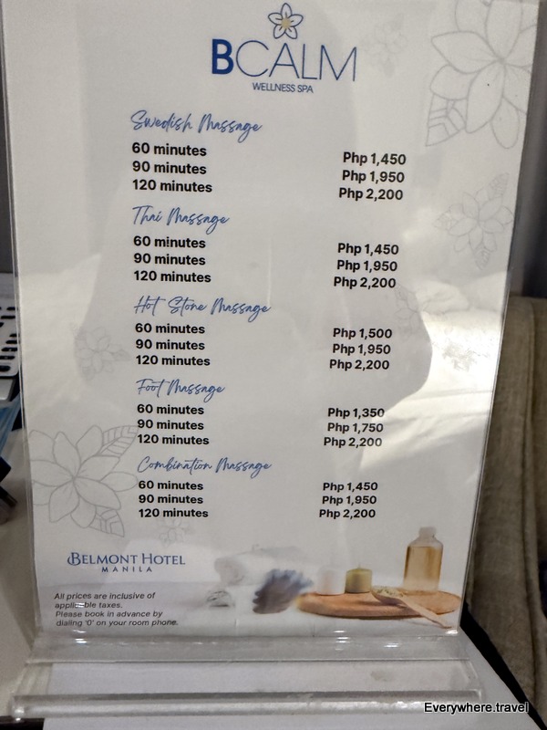 Belmont Hotel Manila Spa menu