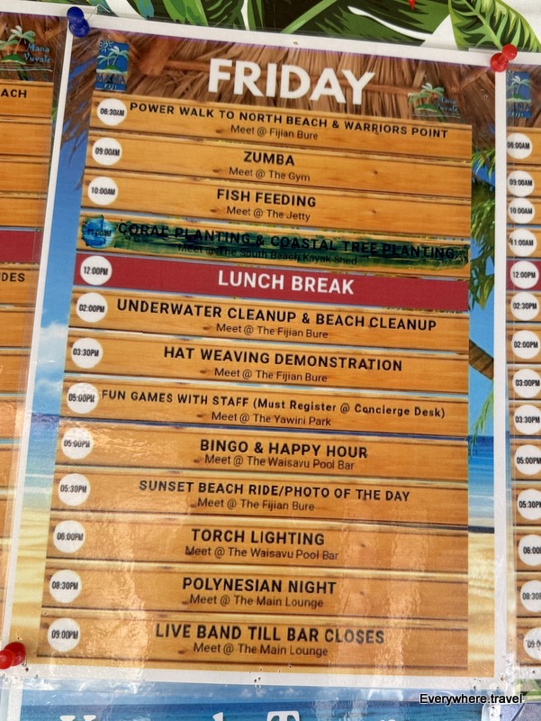 Mana Island Resort activity schedule